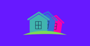Illustration of three colourful houses representing Jimble’s home finding services for expats in the Netherlands