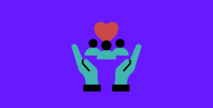 Two open hands holding people with a heart, representing settling-in support for individuals and families relocating to the Netherlands